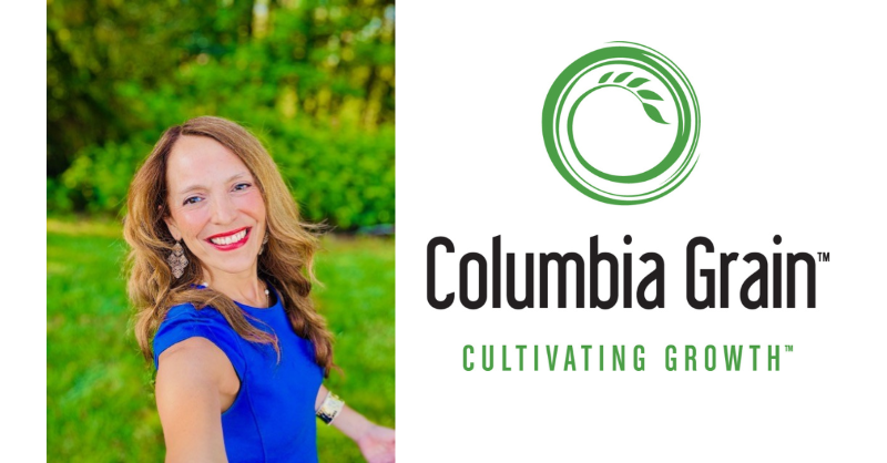 Columbia Grain logo next to Karen Matsuoka