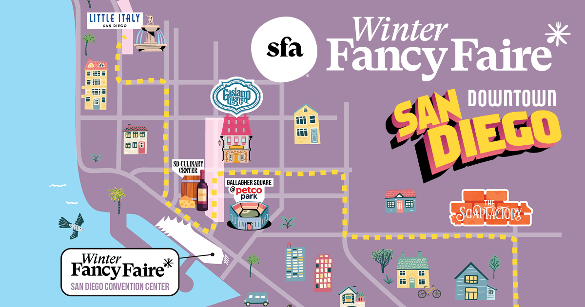 San Diego map with Winter FancyFaire* and SFA logos added showing locations on the Campus Tasting Trail