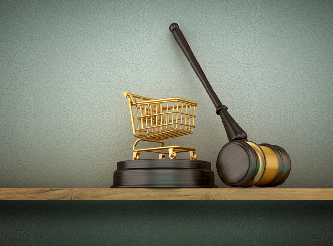 Grocery cart next to gavel