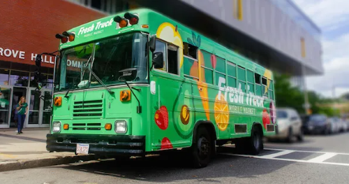 Fresh Truck mobile grocer operating out of retrofitted school bus