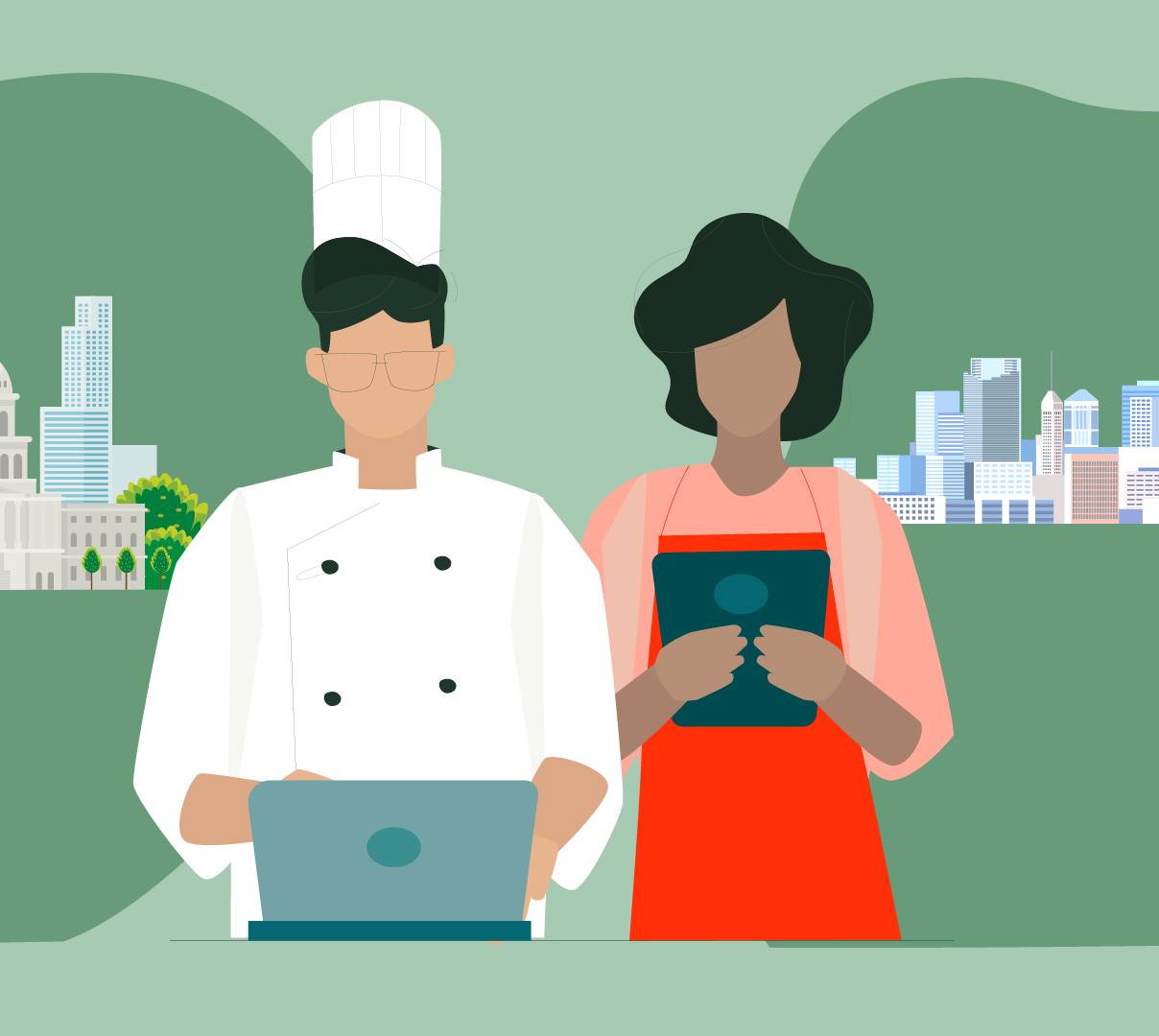 Animated picture of chef on computer and person holding a clipboard